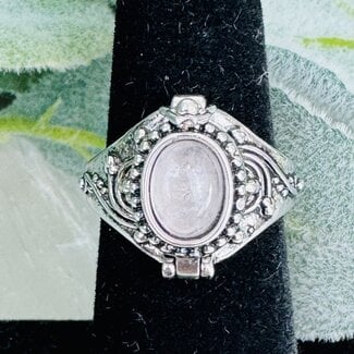 Rose Quartz Poison Rings - Adjustable Oval Bezel Set - Filigree Band Silver Plated