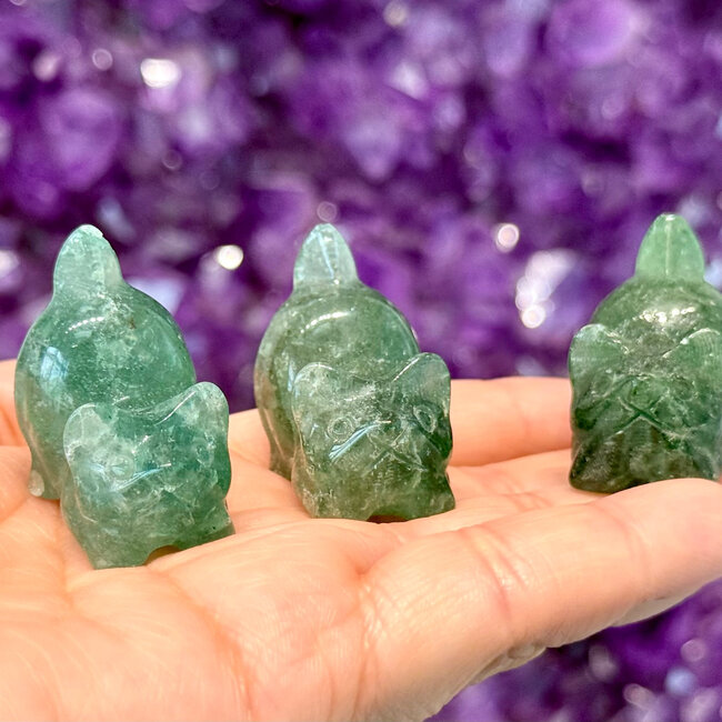 Green Fluorite Pouncing Playing Kitten Kitty Cats - Small 1" Animal Carving Figurine