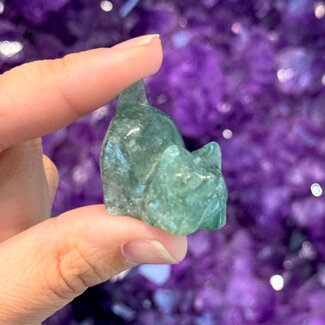 Green Fluorite Pouncing Playing Kitten Kitty Cats - Small 1" Animal Carving Figurine