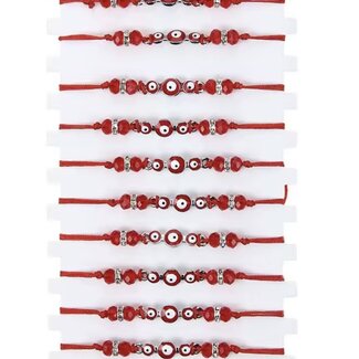 Evil Eye Bracelets - Red Adjustable with 3 Three Evil Eyes and Faceted Red Beads and Rhinestones - Parachute String Protection