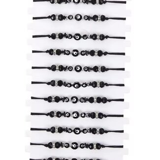 Evil Eye Bracelets - Black Adjustable with 3 Three Evil Eyes and Faceted Black Beads and Rhinestones - Parachute String Protection