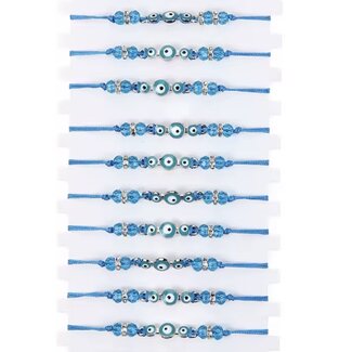 Evil Eye Bracelets - Light Blue Adjustable with 3 Three Evil Eyes and Faceted Blue Beads and Rhinestones - Parachute String Protection