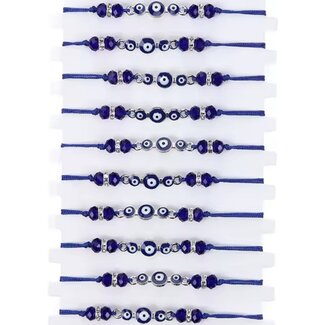 Evil Eye Bracelets - Dark Blue Adjustable with 3 Three Evil Eyes and Faceted Blue Beads and Rhinestones - Parachute String Protection