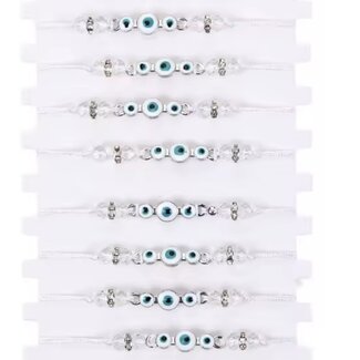 Evil Eye Bracelets - White Adjustable with 3 Three Evil Eyes and Faceted Clear Beads and Rhinestones - Parachute String Protection
