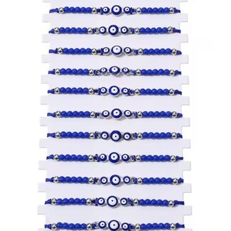 Evil Eye Bracelets - Blue Simple Adjustable with 3 Three Evil Eyes and Silver and Blue Round Beads - Parachute String Protection
