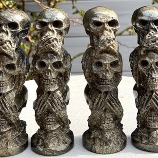 Pyrite Skull Totems - 6" Hear See Think No Evil Statue Carvings