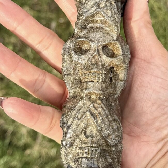 Pyrite Skull Totems - 6" Hear See Think No Evil Statue Carvings