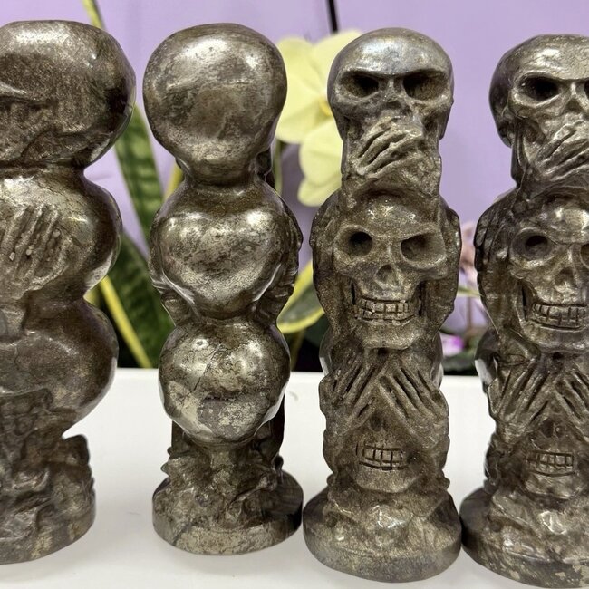 Pyrite Skull Totems - 6" Hear See Think No Evil Statue Carvings