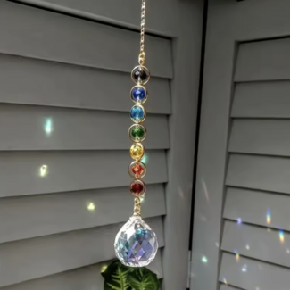 Chakra Suncatcher Sun Catcher with Faceted Crystal Prisms Inside Gold (Plated) Rings and Gold (Plated) Chain - Hangable (14.5") Home Decor Mirror Window