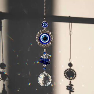 Evil Eye (Blue) Inside Deco Spiral Flower Suncatcher Sun Catcher with Faceted Crystal Prism and Stacked Clear and Blue Crystals - Silver (Plated) Hangable 15" Home Decor Window Mirror Protection