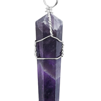 Chevron Amethyst Pendants - Wire Wrapped Faceted Points - Silver Plated