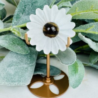 Selenite & Gold Tigers Tiger's Eye Daisy on Gold Pin Stand - 4" Flower Carving