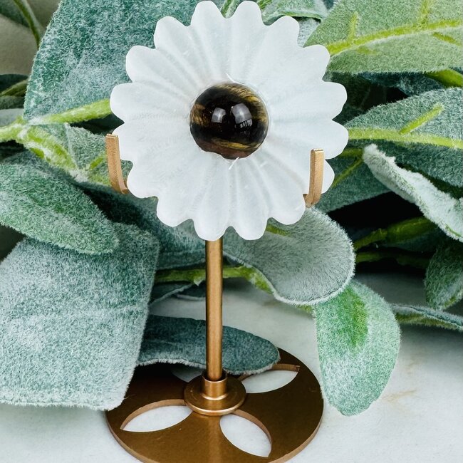 Selenite & Gold Tigers Tiger's Eye Daisy on Gold Pin Stand - 4" Flower Carving