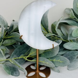 Selenite (Satin Spar Gypsum) Crescent Moon on Gold Stand Pin - 9" Large