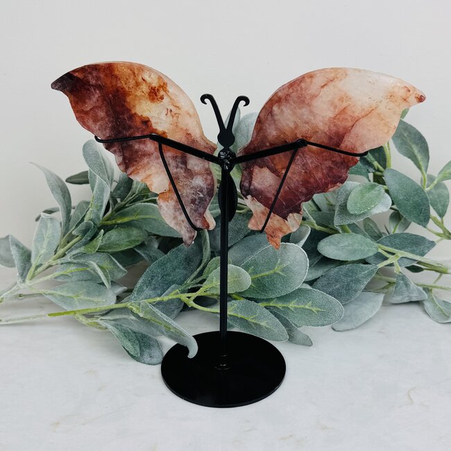 Fire & Golden (Red Yellow Hematoid) Quartz Butterfly Angel Wings on Black Pin Stand - 9.5" Large Animal Figurine Butterflies
