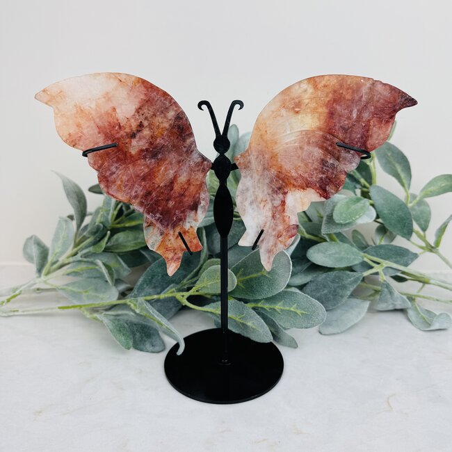 Fire & Golden (Red Yellow Hematoid) Quartz Butterfly Angel Wings on Black Pin Stand - 9.5" Large Animal Figurine Butterflies