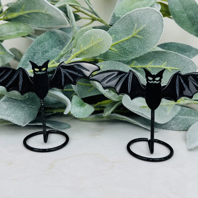 Black Obsidian Bats on Black Stand Pin - 3"x4" Carving Figurine