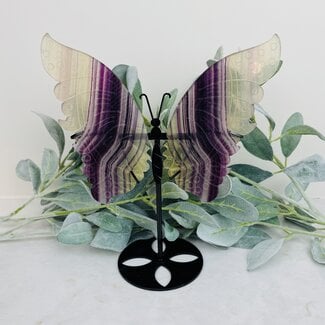 Rainbow & Yellow Fluorite Butterfly Angel Wings on Black Stand Pin - 10" Large Animal Carving