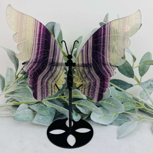 Rainbow & Yellow Fluorite Butterfly Angel Wings on Black Stand Pin - 10" Large Animal Carving
