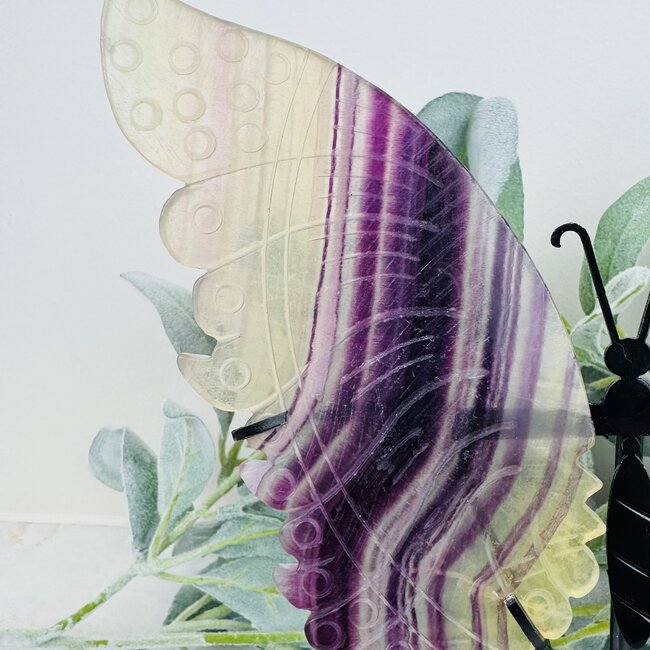 Rainbow & Yellow Fluorite Butterfly Angel Wings on Black Stand Pin - 10" Large Animal Carving