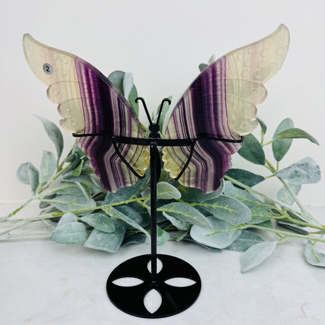 Rainbow & Yellow Fluorite Butterfly Angel Wings on Black Stand Pin - 10" Large Animal Carving