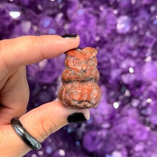 Red Jasper Owl on Pumpkin - 1" Small Figurine Animal Carving Statue