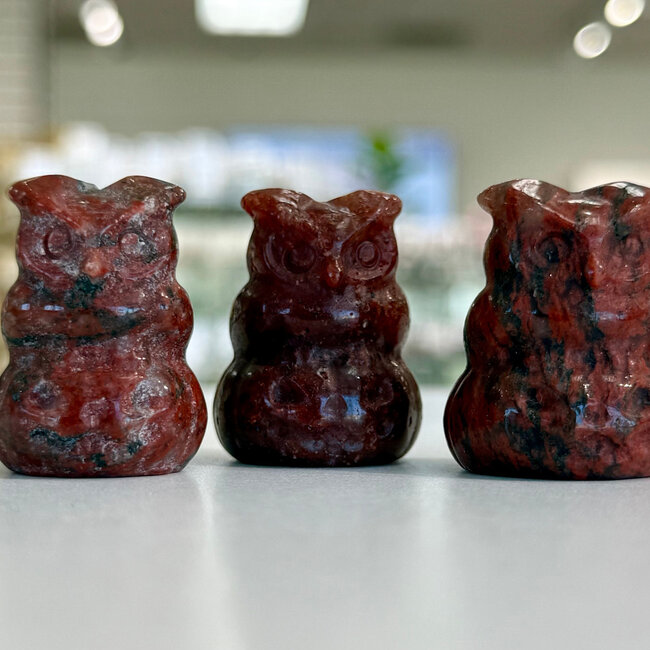 Red Jasper Owl on Pumpkin - 1" Small Figurine Animal Carving Statue