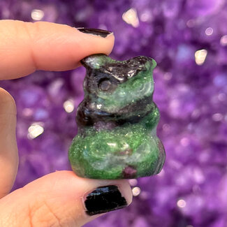 Ruby Zoisite Owl on Pumpkin - 1" Small Figurine Animal Carving Statu