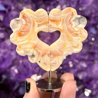 Crazy Lace Agate Hearts on Silver Pin Stand - 3" Love Wings