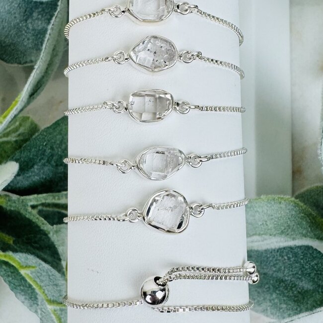 Herkimer Diamond Bracelets - Rough Raw Natural Bezel Set - Slider Ball Adjustable Sterling Silver
