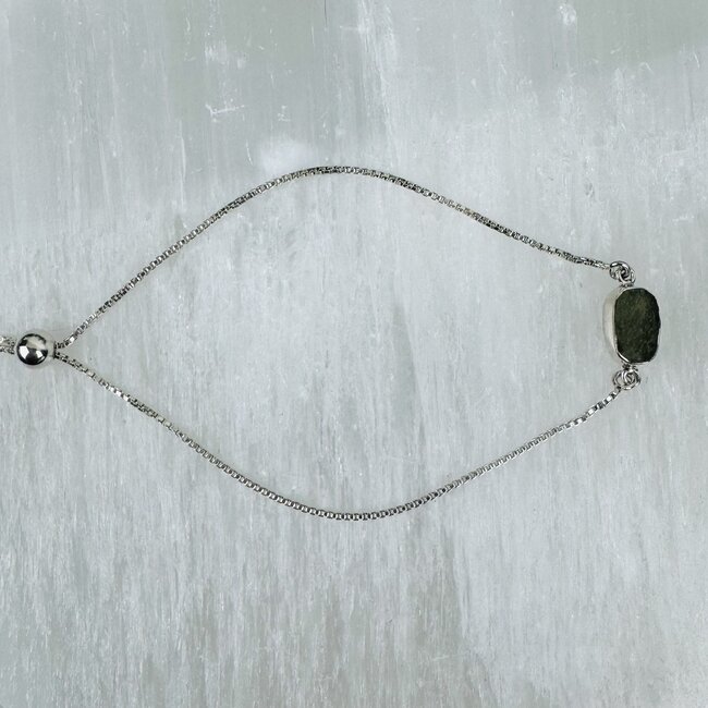 Moldavite Bracelets - Rough Raw Natural Bezel Set - Slider Ball Adjustable Sterling Silver