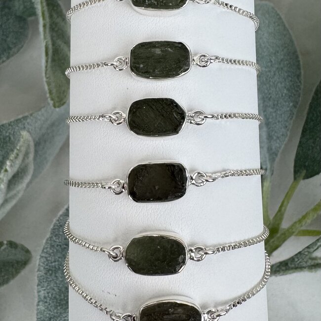 Moldavite Bracelets - Rough Raw Natural Bezel Set - Slider Ball Adjustable Sterling Silver