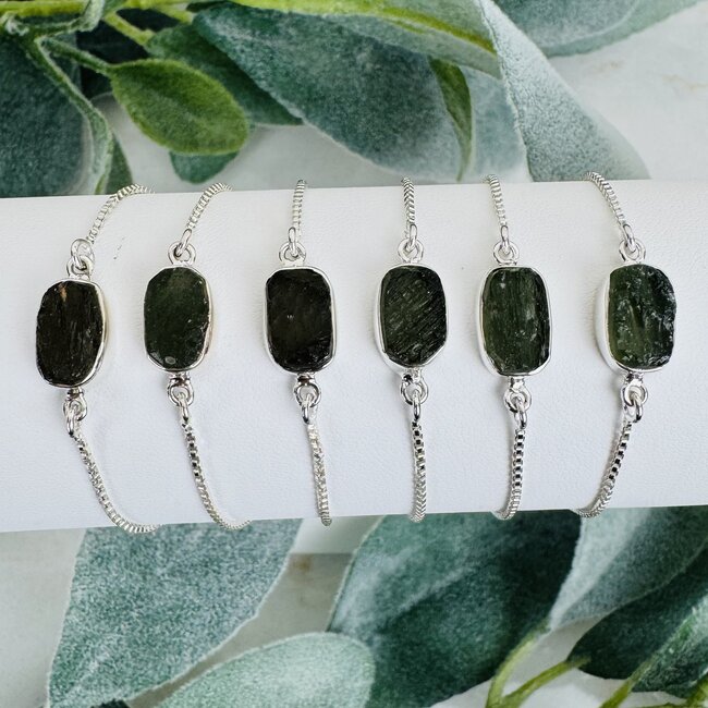 Moldavite Bracelets - Rough Raw Natural Bezel Set - Slider Ball Adjustable Sterling Silver