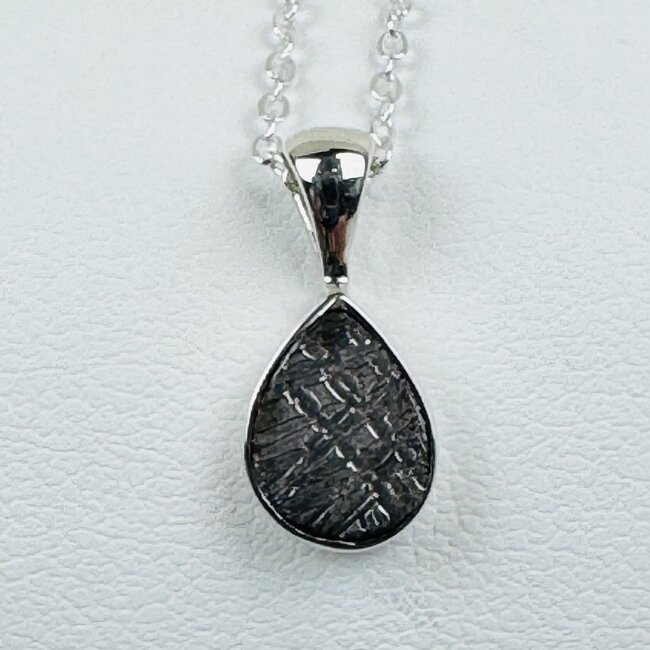Meteorite (Campo Del Cielo) Necklaces - Teardrop Pear Bezel Set - 16-18" Dainty Link Chain - Sterling Silver Pendant
