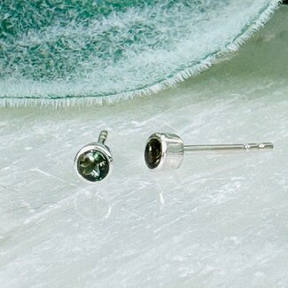 Moldavite Earrings - 3mm Faceted Round Studs Bezel Set - Sterling Silver
