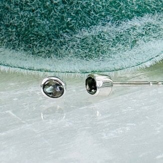 Moldavite Earrings - 3mm Faceted Oval Studs Bezel Set - Sterling Silver