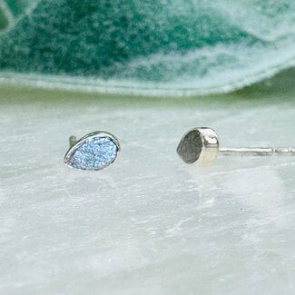 Meteorite (Campo Del Cielo) Earrings - Teardrop Pear Studs Bezel Set - Sterling Silver