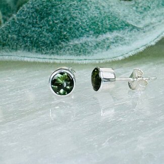 Moldavite Earrings - 5mm Faceted Round Circle Bezel Set - Sterling Silver