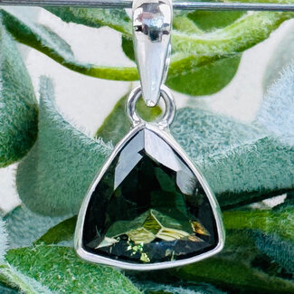 Moldavite Pendants - Triangle Trilliant Faceted Bezel Set - Sterling Silver