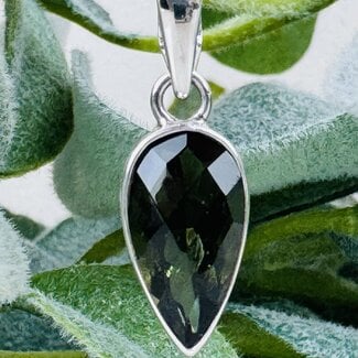 Moldavite Pendants - Faceted Reverse Teardrop Pear - Bezel Set Sterling Silver