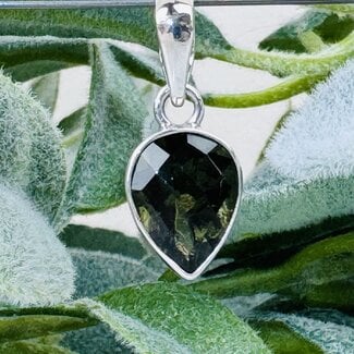 Moldavite Pendants - Faceted Reverse Teardrop Pear - Bezel Set Sterling Silver