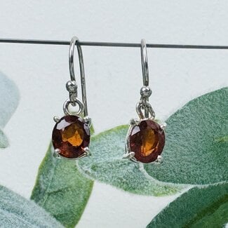 Hessonite Garnet Earrings - Oval Faceted Dangle Drop - Claw Prong Set Sterling Silver