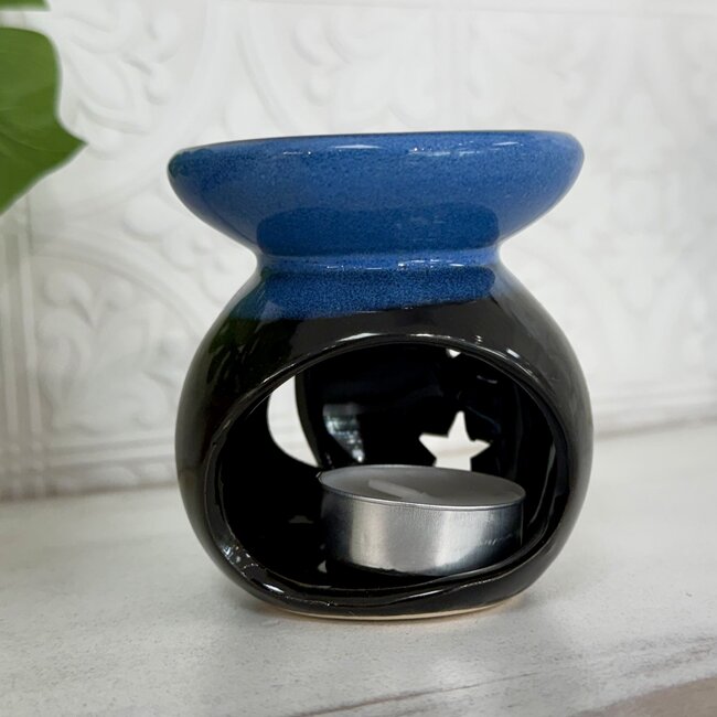 Ceramic Oil Burner - Moon and Stars (3") Fragrance Oil Votive Candle - Blue and Black Rounded