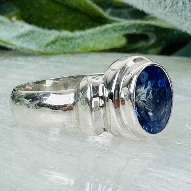 Tanzanite Rings - Size 8 Oval Faceted - Double Bezel Set Wide Band - Sterling Silver