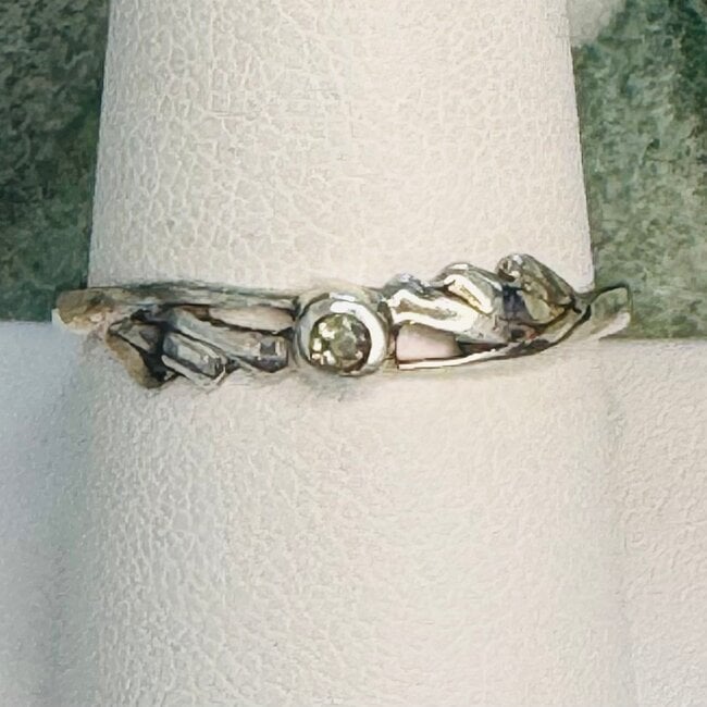 Moldavite Rings - Size 8 Round Bezel Set - Angel Wing Band Sterling Silver