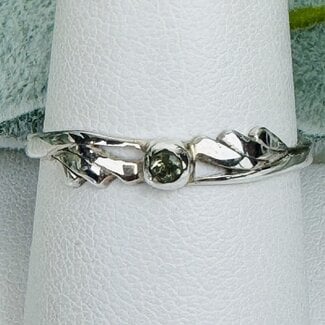 Moldavite Rings - Size 8 Round Bezel Set - Angel Wing Band Sterling Silver