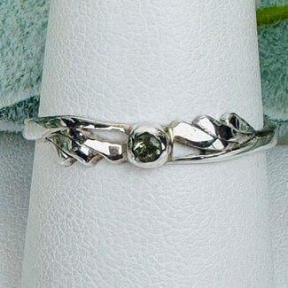 Moldavite Rings - Size 9 Round Bezel Set - Angel Wing Band Sterling Silver