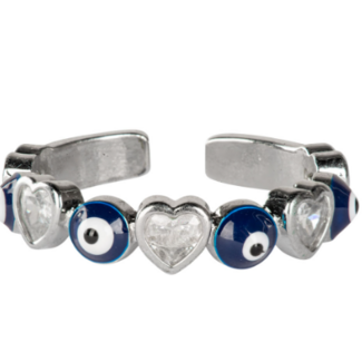 Evil Eye Adjustable Rings with Rhinestone Hearts - Adjustable Silver Plated Band