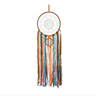 Dreamcatcher Dream Catcher-Double Round Handwoven Blue, Peach, White and Tan tones - 32" Length Ribbon, Lace and Mini Poms Boho Home Decor