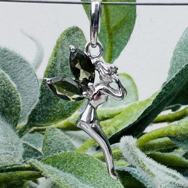 Moldavite Fairy Pendant - Marquise Faceted Wings Claw Prong Set - Sterling Silver